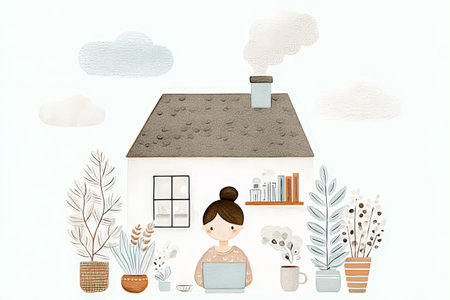 Female caucasian adult working remotely from cozy home surrounded by plants and illustrations.の素材