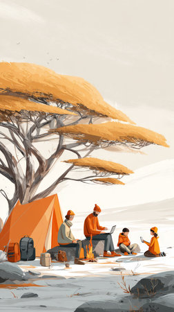 Family camping adventure with campfire and tent in serene landscape.の素材