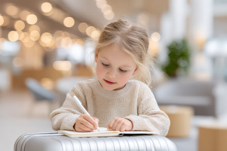 Caucasian young girl writing in notebook at airport terminal.の素材