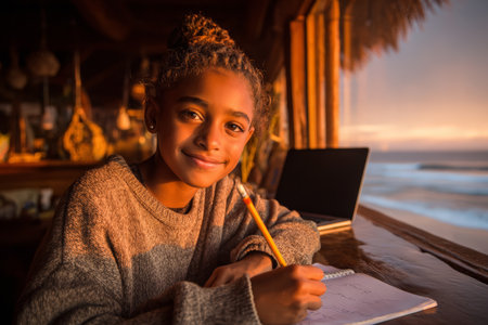 Young african female writing at sunset by ocean with laptop.の素材
