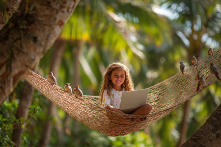 Young caucasian girl enjoying nature on hammock with laptop and birds.の素材