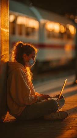 Young caucasian female with laptop at train station during sunset.の素材