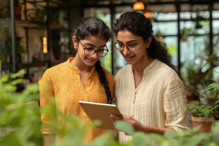 Asian female adults using tablet in greenhouse with plants.の素材
