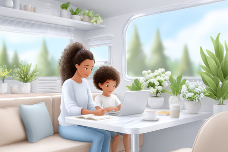 Woman and child learning together in bright camper with plants.の素材