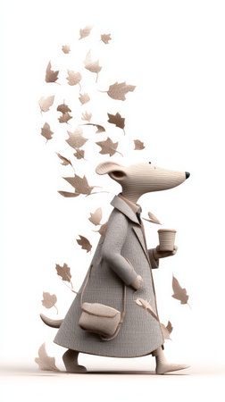 Whimsical cartoon mouse in autumn leaves with coffee and trench coat.の素材