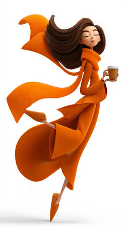 Animated asian female in orange outfit holding coffee cup.の素材