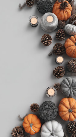 Autumn arrangement with pumpkins, pinecones, and candles on gray background.の素材