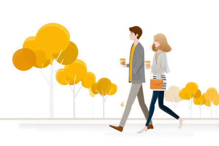 Young caucasian female and male strolling with coffee in autumn park.の素材
