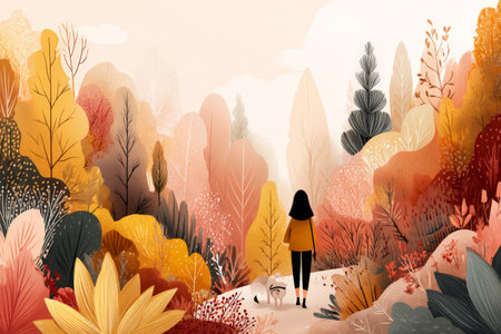 Female in autumn forest with dog among colorful leaves.の素材