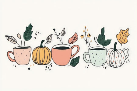 Autumn-themed pumpkin and leaf decorated cups with coffee.の素材