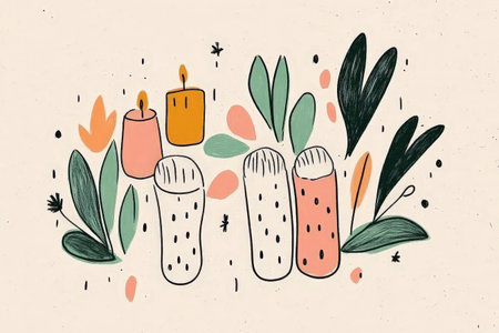 Hand-drawn candles with leaves and flowers illustration in pastel tones.の素材