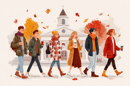 Group of young adults walking in autumn with coffee in front of historical building.の素材