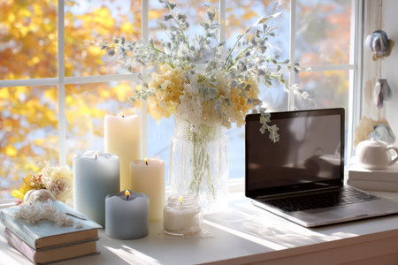Cozy autumn workspace with candles and laptop by sunny window.の素材