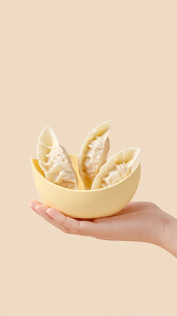 Hand holding asian dumplings in yellow bowl against beige background.の素材