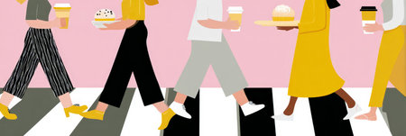 People walking on crosswalk carrying coffee and pastries in stylish outfits.の素材