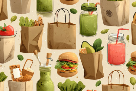 Eco-friendly shopping and healthy drinks with groceries and fresh produce.の素材