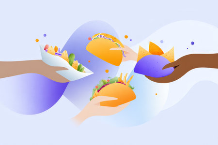 Diverse hands offering tacos and nachos in a colorful abstract artwork.の素材
