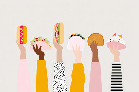 Diverse hands holding colorful fast food items in minimalist style.の素材