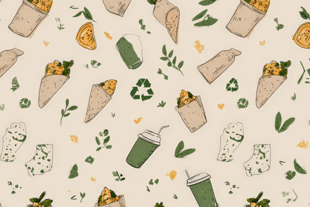 Eco-friendly food and drink pattern with recycling symbols and leaves.の素材