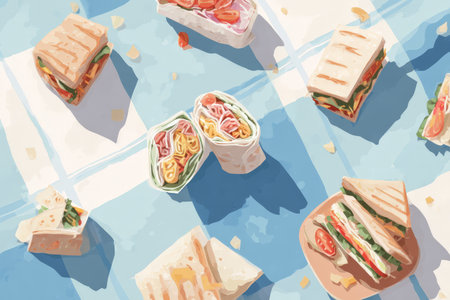 Picnic table with assorted sandwiches and wraps on blue-checkered cloth.の素材