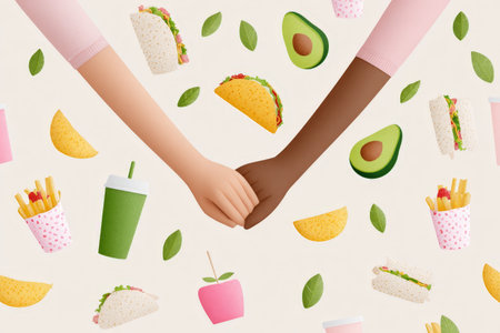 Diverse hands holding amidst food and leaves pattern.の素材