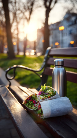 Fresh vegetable wrap and stainless bottle on park bench at sunset.の素材