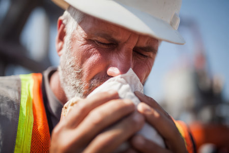 Elderly caucasian male construction worker taking a lunch break.の素材
