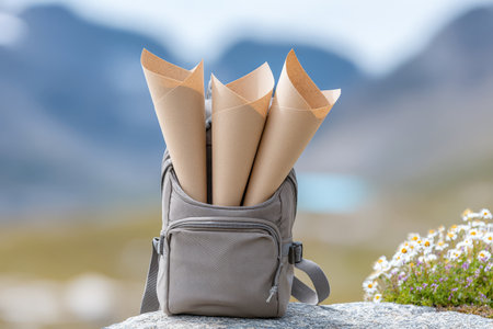 Backpack on rock with rolled documents in mountain scenery.の素材