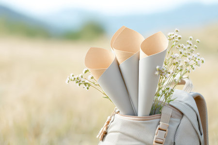Bouquets of wildflowers in backpack outdoors on sunny day.の素材
