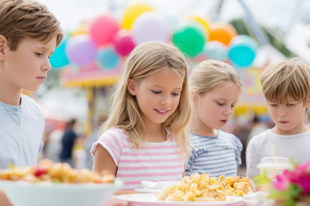 Group of caucasian children enjoying festive fun at colorful outdoor carnival.の素材
