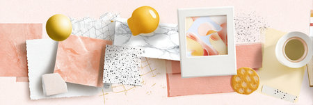 Abstract composition with textures, polaroid frame, coffee, and lemon on marble background.の素材