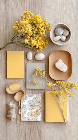 Rustic yellow and neutral palette with flowers, stones, and wooden elements on tabletop.の素材