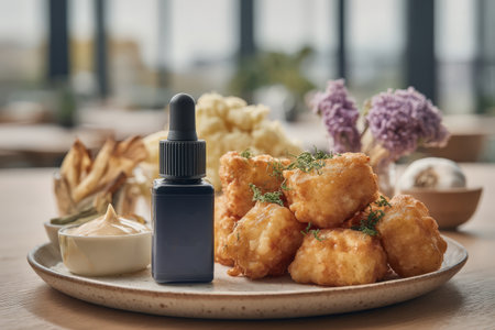 Battered cauliflower with dipping sauce and oil bottle on restaurant table.の素材