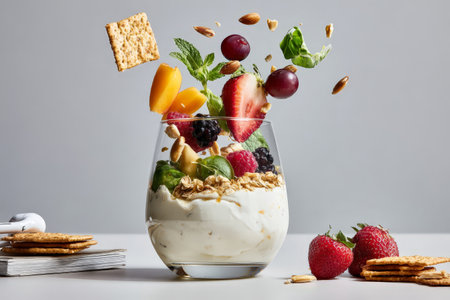 Creative yogurt parfait with fresh fruits, nuts, and granola on minimalist background.の素材