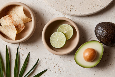 Fresh avocado and lime with chips on natural stone surface.の素材