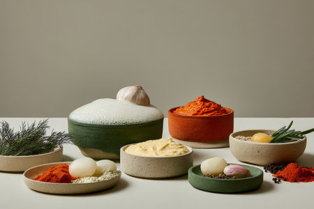 Diverse spice and herb assortment with vegetables and creamy dips on ceramic bowls.の素材