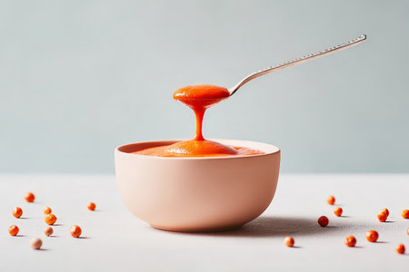 Spoonful of smooth tomato soup in a pink bowl surrounded by peppercorns.の素材