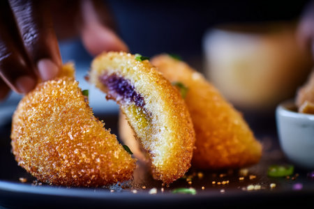 Close-up of delicious crispy empanadas with various fillings on dark plate.の素材