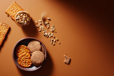 Assorted crackers and seeds on brown surface.の素材