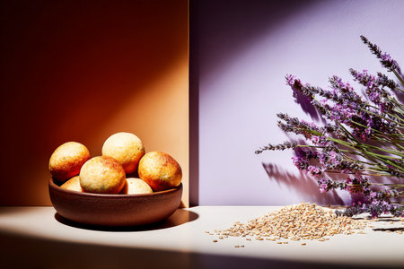 Freshly baked bread rolls in rustic bowl with lavender and grain accents.の素材