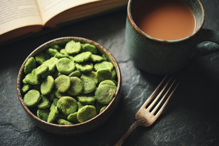 Bowl of green vegetable chips with coffee mug and fork on slate surface.の素材