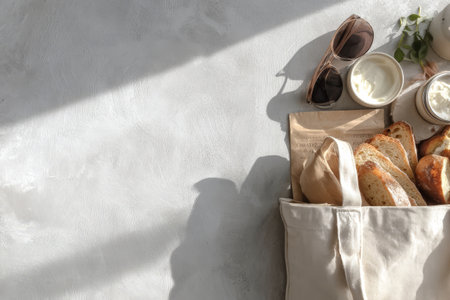 Fresh artisan bread and creamy butter in sunlit tote with sunglasses and herb.の素材