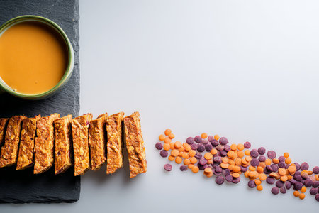 Healthy granola bars and colorful protein bites with peanut butter on slate.の素材