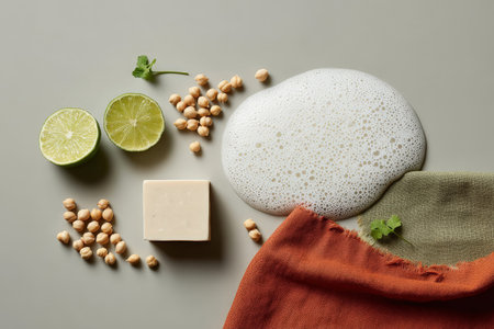 Natural skincare ingredients with lime, chickpeas, soap, and foam on neutral background.の素材