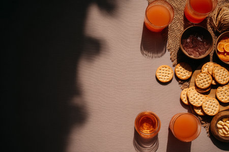 Assorted crackers and orange juice in warm sunlight.の素材
