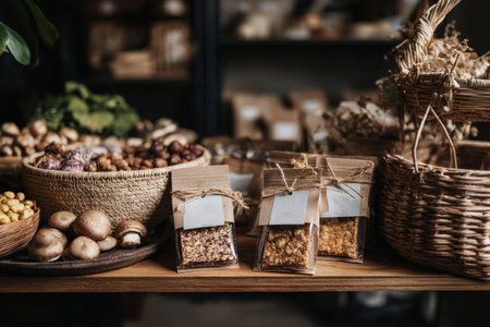 Rustic market display with fresh mushrooms, nuts, and dried fruits in woven baskets.の素材