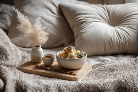 Cozy bedroom setting with tea and biscuits on wooden tray.の素材