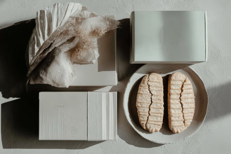 Minimalist still life with decorative boxes, fabric, and cookies on a plate.の素材