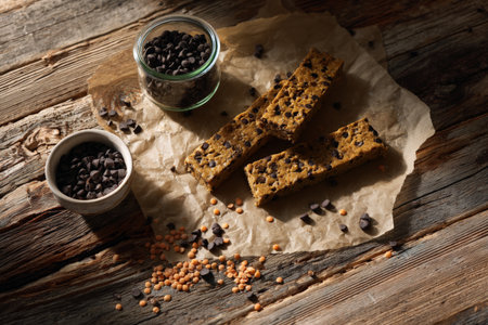 Delicious chocolate chip granola bars and lentils on rustic wooden table.の素材