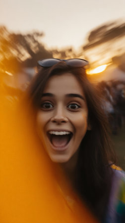 Excited young caucasian female at outdoor festival during sunset.の素材